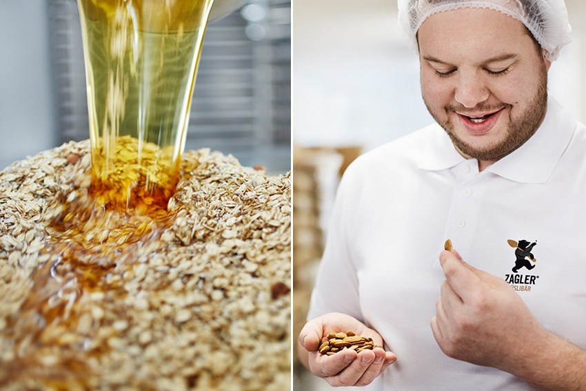 links: Flocken werden mit Honig vermischt, rechts: Florian Zagler - Zagler Müslibär links: Flocken werden mit Honig vermischt, rechts: Florian Zagler - Zagler Müslibär